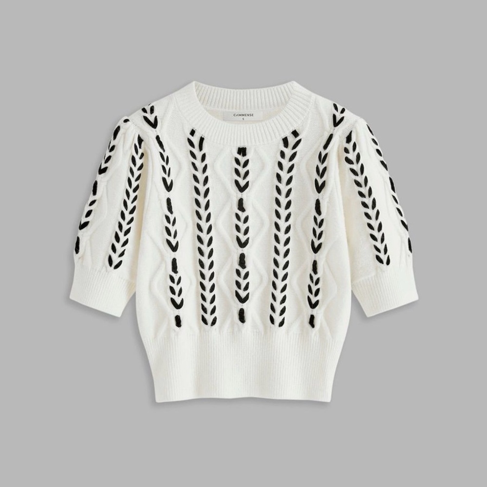 Commense White Sweater with Black Leaf Pattern